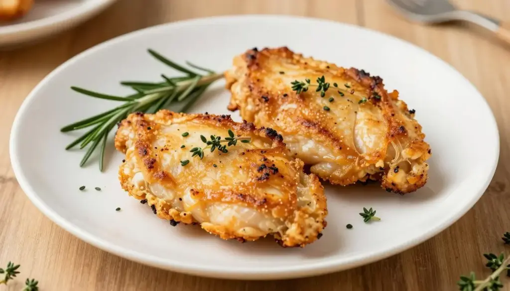 golden brown air fryer chicken breasts on a white plate with fresh herbs