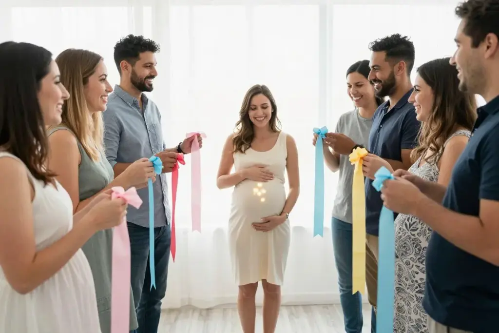 guests holding ribbons of various lengths next to pregnant woman at baby shower