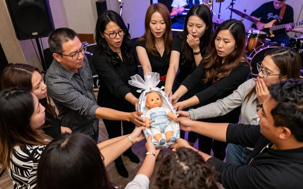 guests sitting in circle passing baby doll wrapped like pass the parcel