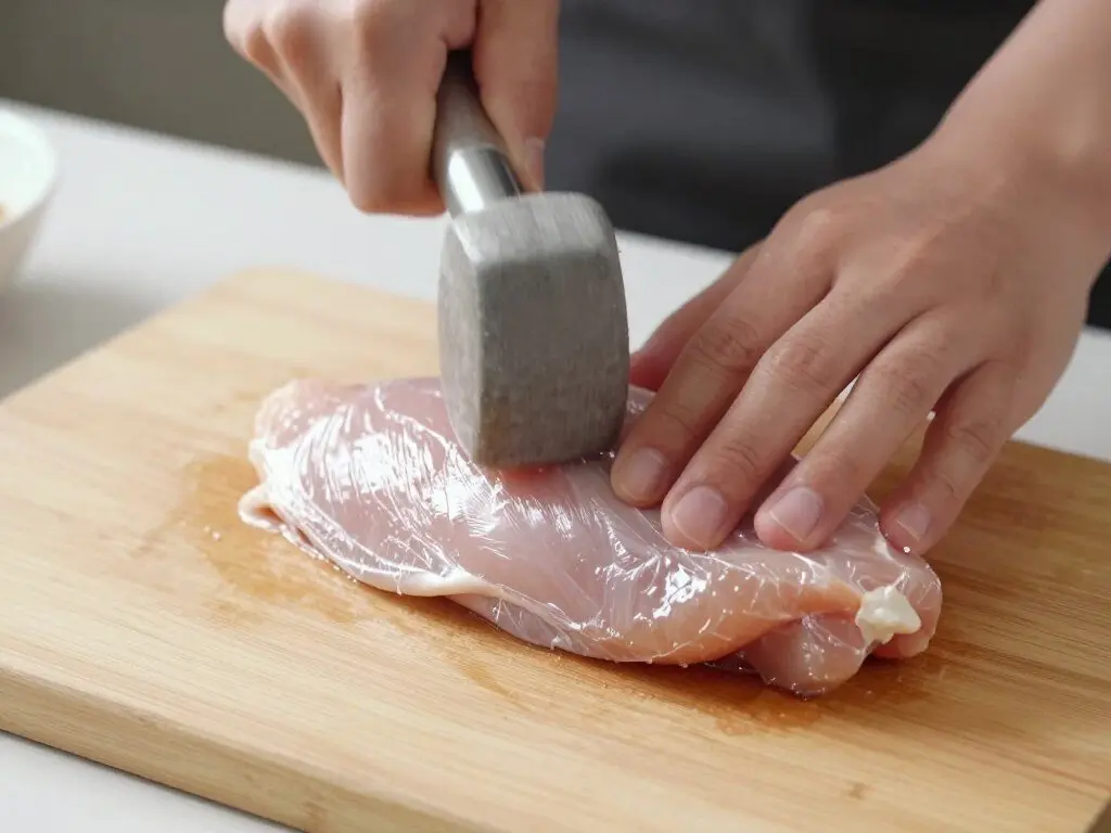 hands pounding chicken breast to even thickness on cutting board