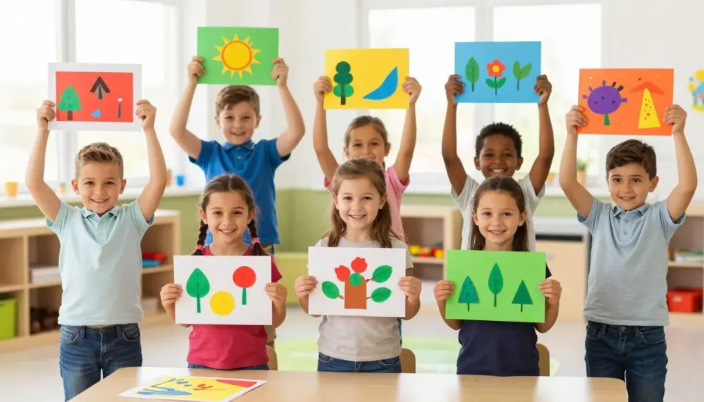 happy children displaying their completed daycare crafts with pride