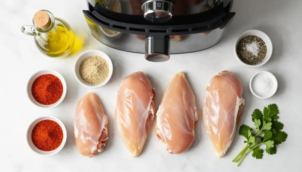 ingredients laid out for air fryer chicken breasts including raw chicken and spices
