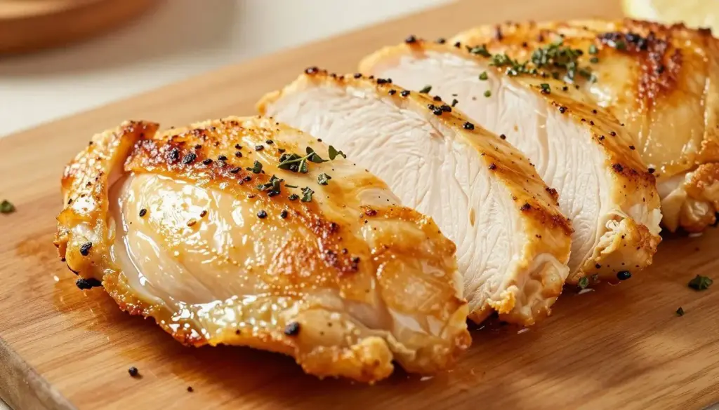 juicy sliced air fryer chicken breast showing moist interior