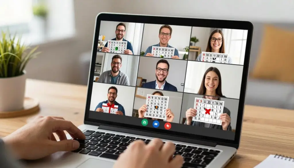 laptop screen showing virtual baby shower with bingo cards visible