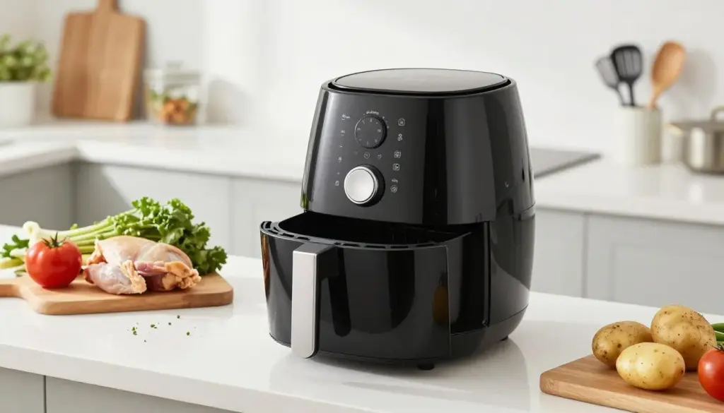 modern air fryer on kitchen counter with ingredients modern air fryer on kitchen counter with ingredients