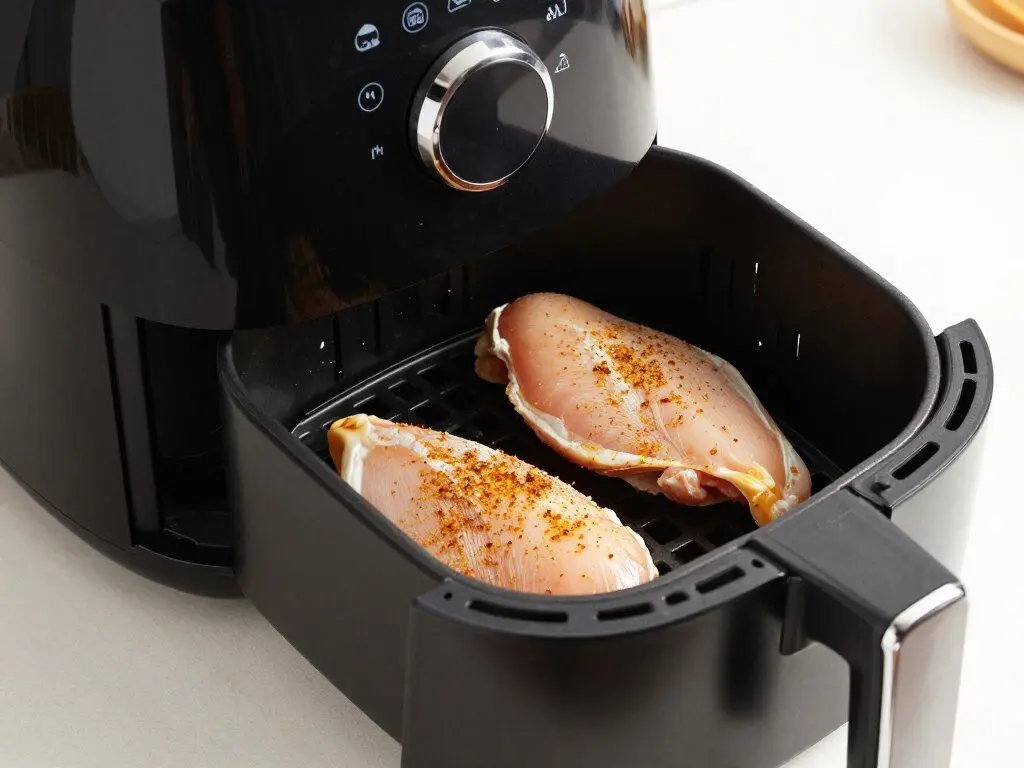 modern air fryer with chicken breast inside the basket