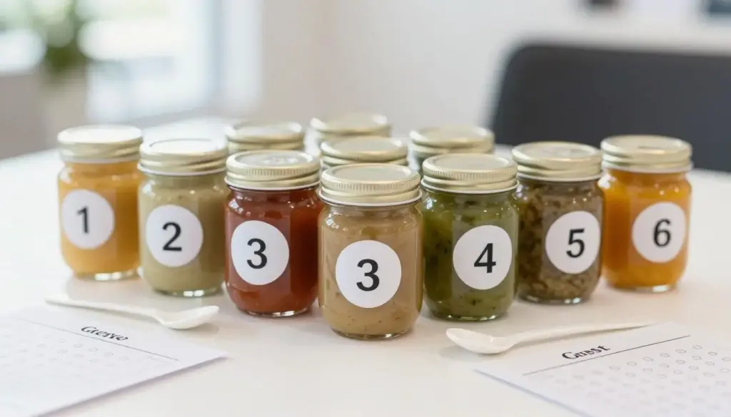 numbered baby food jars with labels removed arranged for guessing game