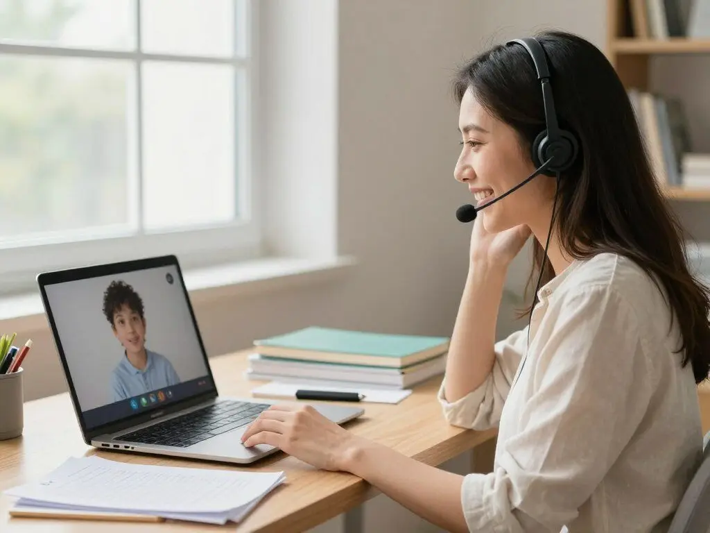 online tutoring session with teacher helping student via video call