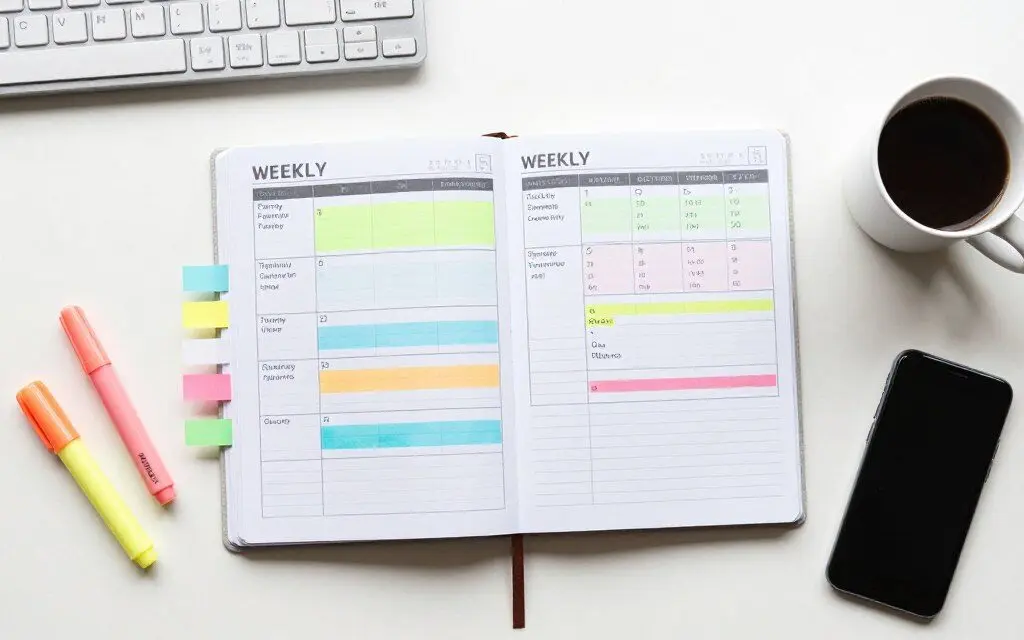organized weekly planner showing blocked time for work and family activities