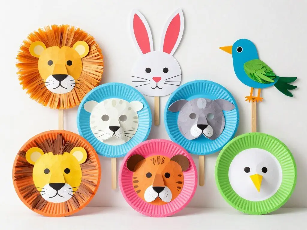 paper plate masks decorated as various animals with painted features