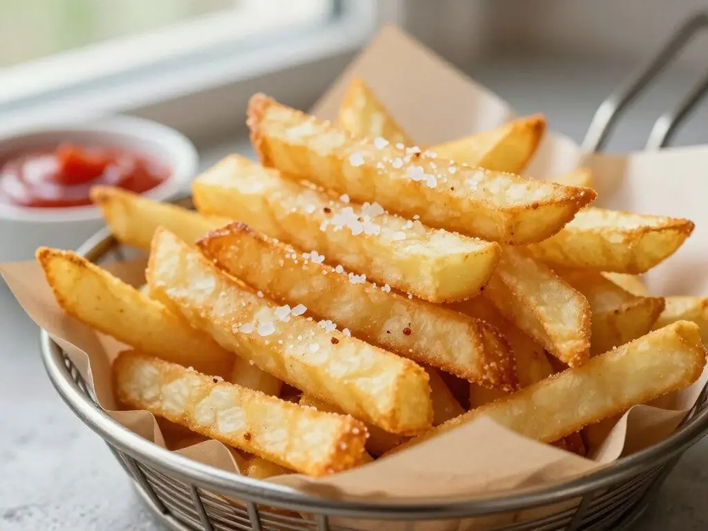 perfectly golden air fryer french fries in basket perfectly golden air fryer french fries in basket