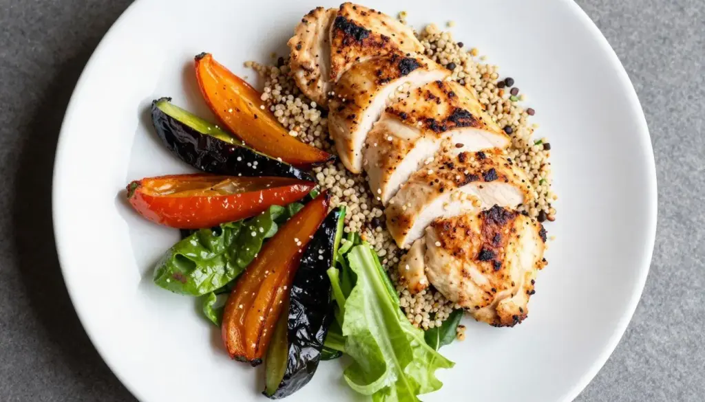 plated air fryer chicken breast with vegetables and sides