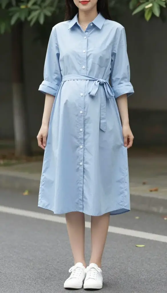 pregnant woman in button-front shirt dress versatile maternity outfit pregnant woman in button-front shirt dress versatile maternity outfit