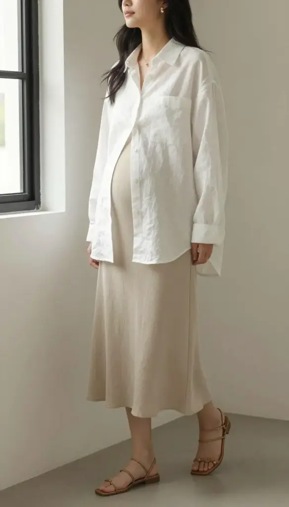 pregnant woman in linen button-down shirt and midi skirt summer maternity outfit pregnant woman in linen button-down shirt and midi skirt summer maternity outfit