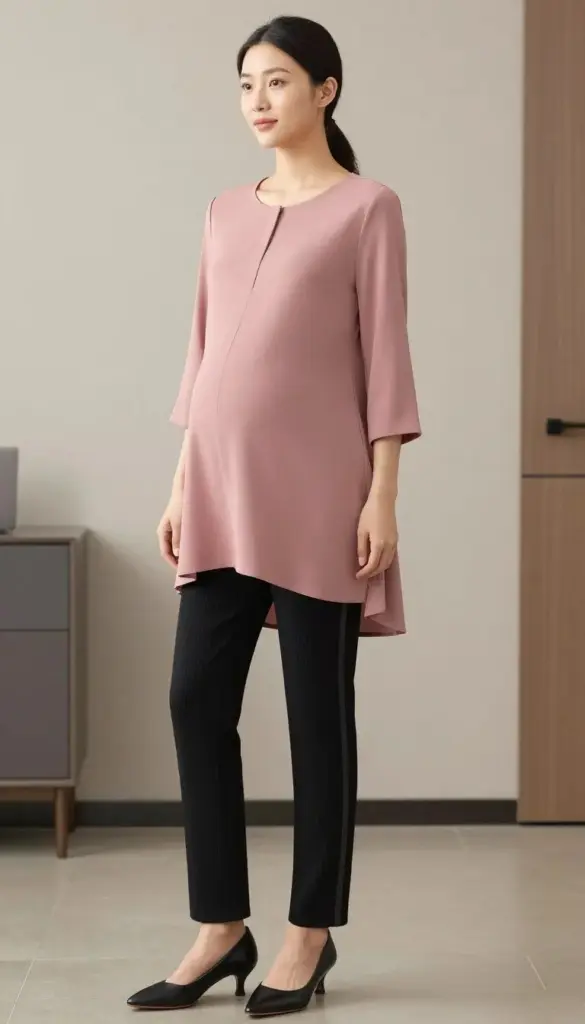 pregnant woman in tunic top and ponte pants work-appropriate maternity outfit pregnant woman in tunic top and ponte pants work-appropriate maternity outfit