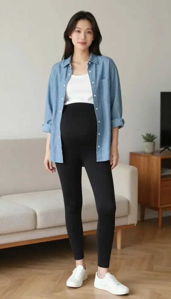 pregnant woman wearing chambray shirt and black maternity leggings pregnant woman wearing chambray shirt and black maternity leggings