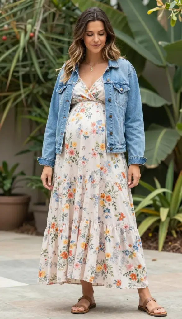 pregnant woman wearing flowy maxi dress with denim jacket layered look pregnant woman wearing flowy maxi dress with denim jacket layered look