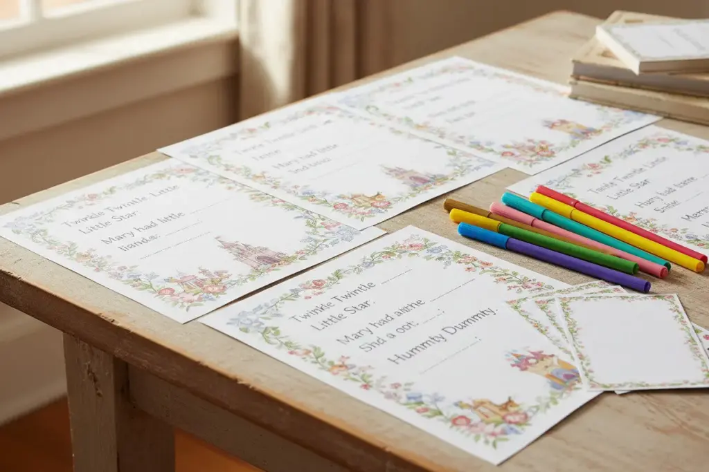printed nursery rhyme game sheets with missing words to fill in
