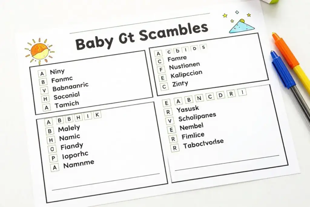 printed word scramble sheets with mixed up baby names to unscramble