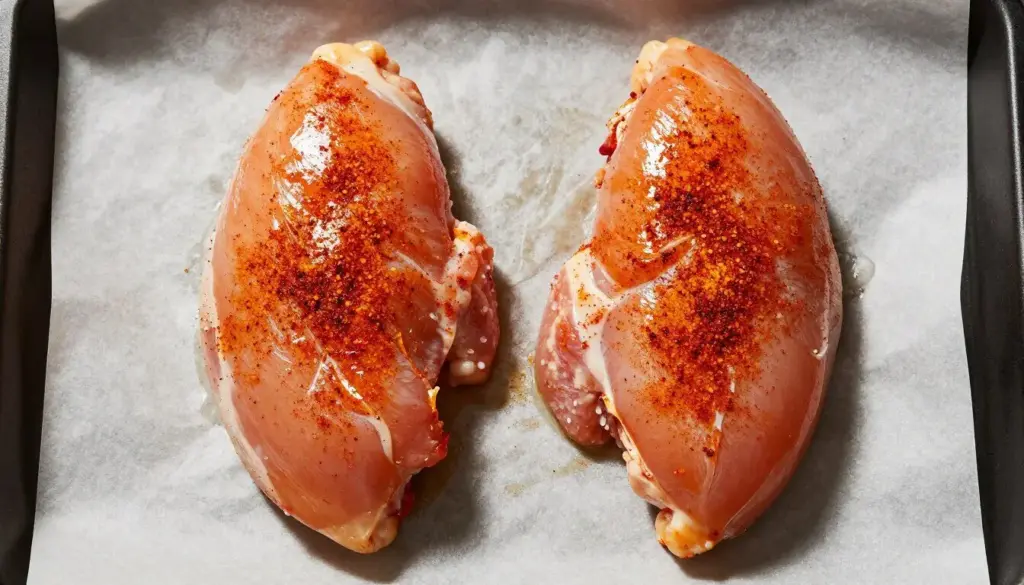 seasoned raw chicken breasts ready for the air fryer