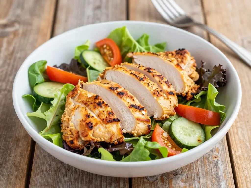 sliced air fryer chicken breast on fresh green salad