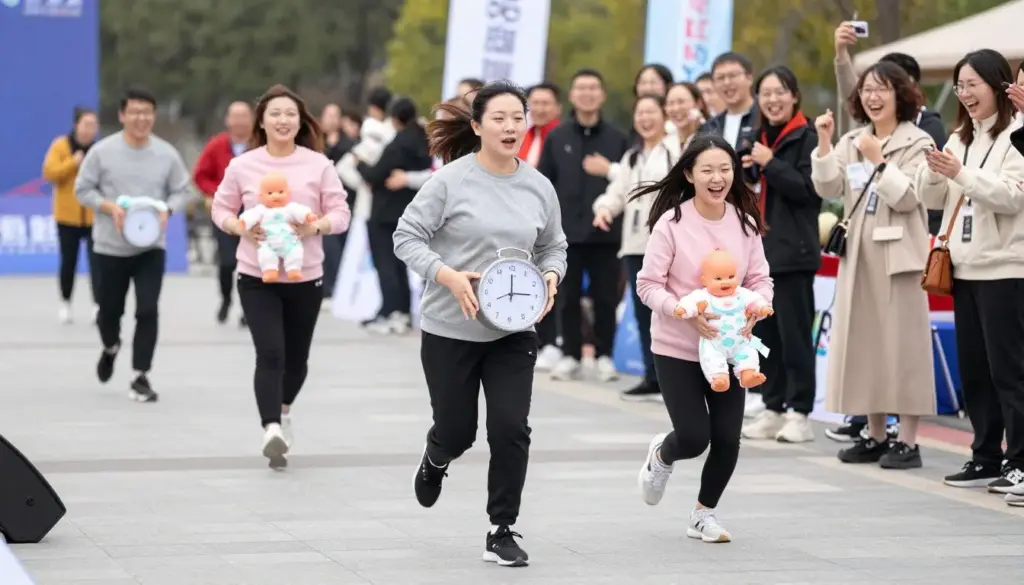 teams competing in diaper changing relay race with baby dolls