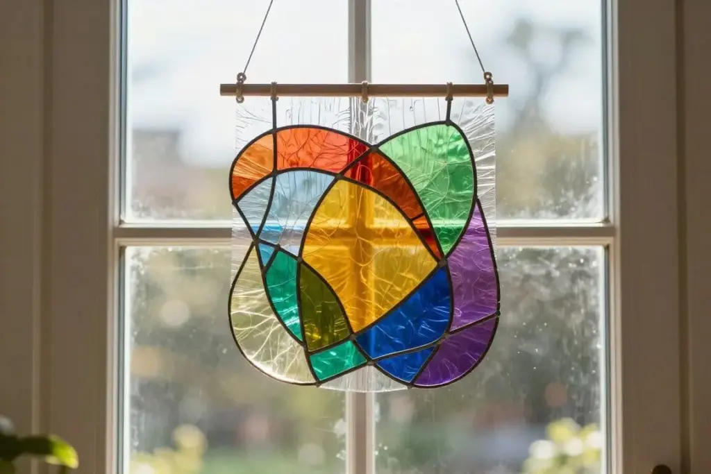 tissue paper stained glass art hanging in window with sunlight shining through