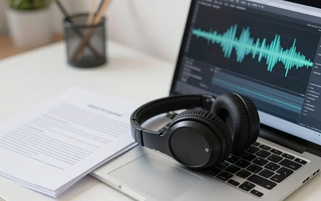 transcription work showing headphones, laptop, and transcript document