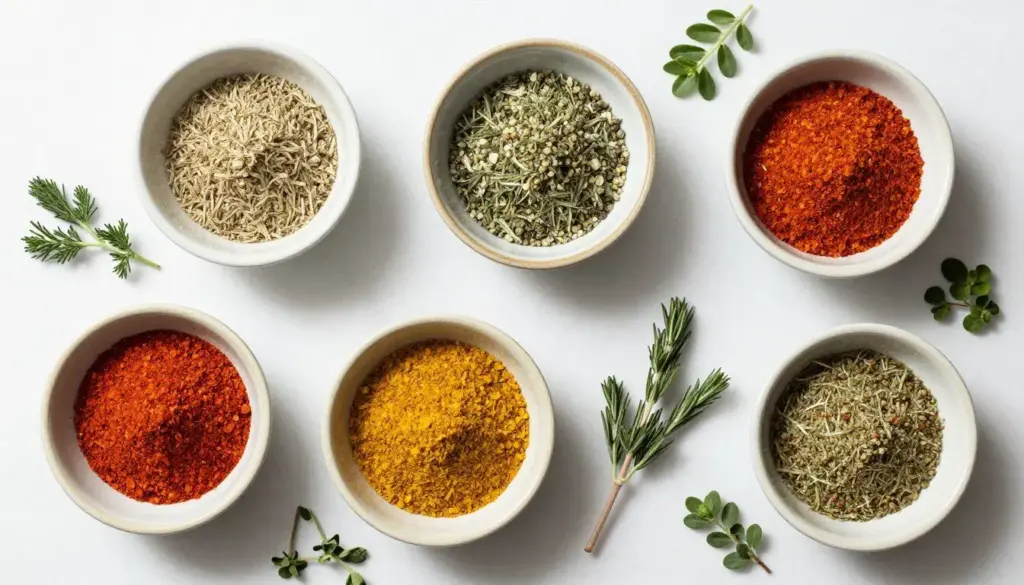 various spice blends in small bowls for chicken seasoning