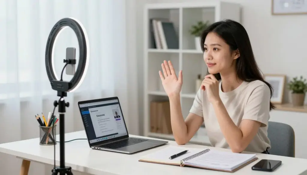 woman recording online course video lesson at home desk setup