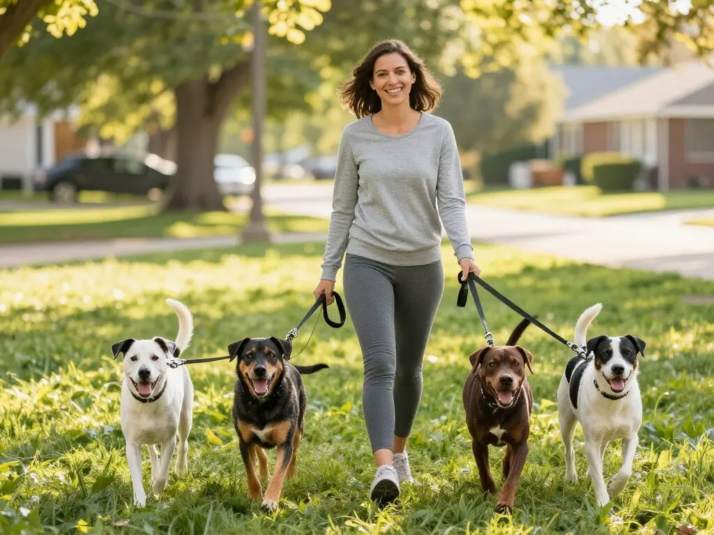 woman walking multiple dogs in neighborhood park