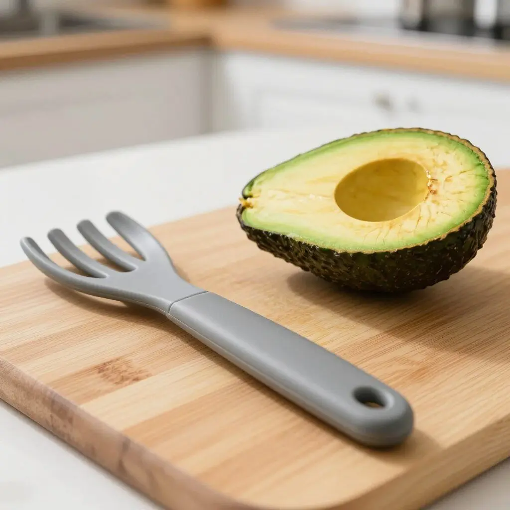 3-in-1 avocado tool beside a ripe avocado on a cutting board