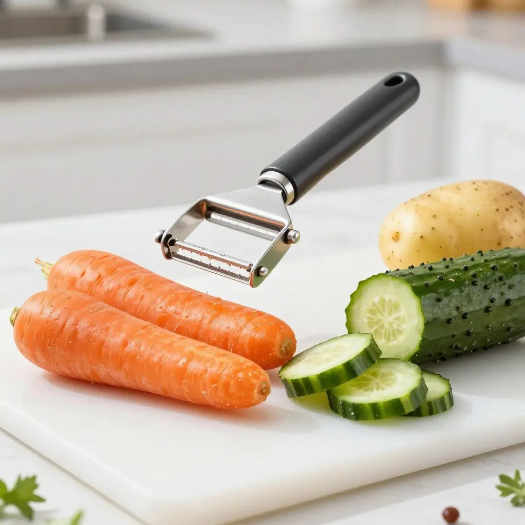 3-in-1 vegetable peeler with carrots and cucumbers