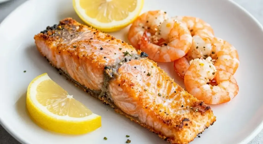 Air fried salmon and shrimp served with lemon