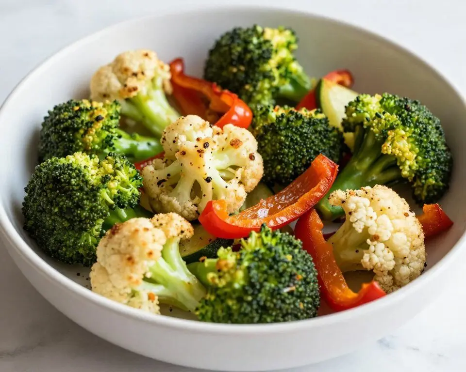 Air fried vegetables with crisp edges in a serving bowl