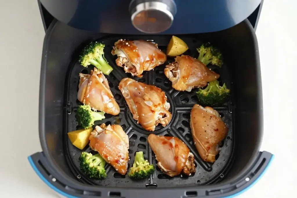 Air fryer basket showing food arranged in a single layer