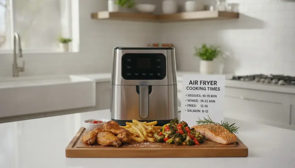 Air fryer cooking times chart beside an air fryer filled with assorted foods