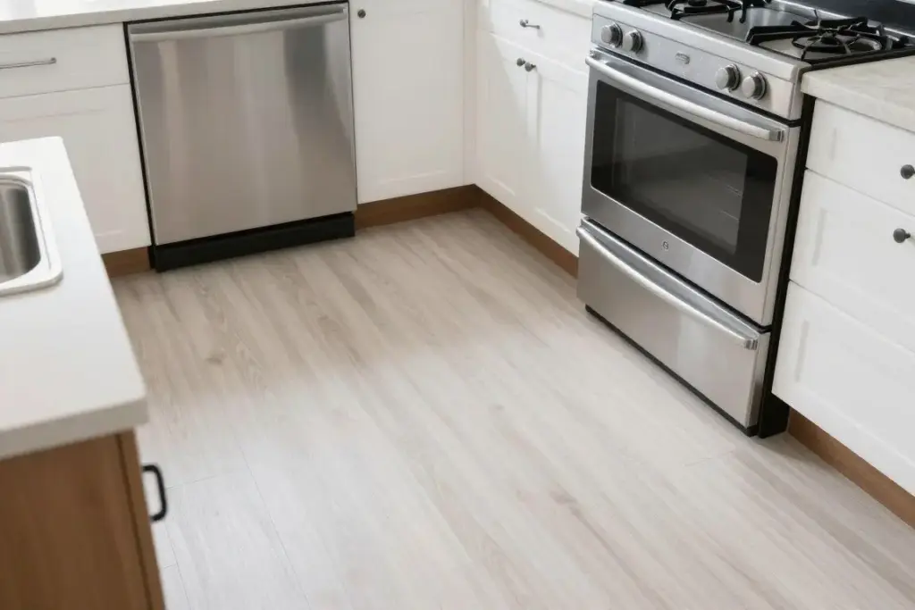 Bright clean kitchen floor near the sink