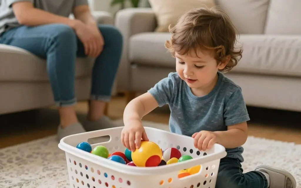 Child placing toys into a storage basket