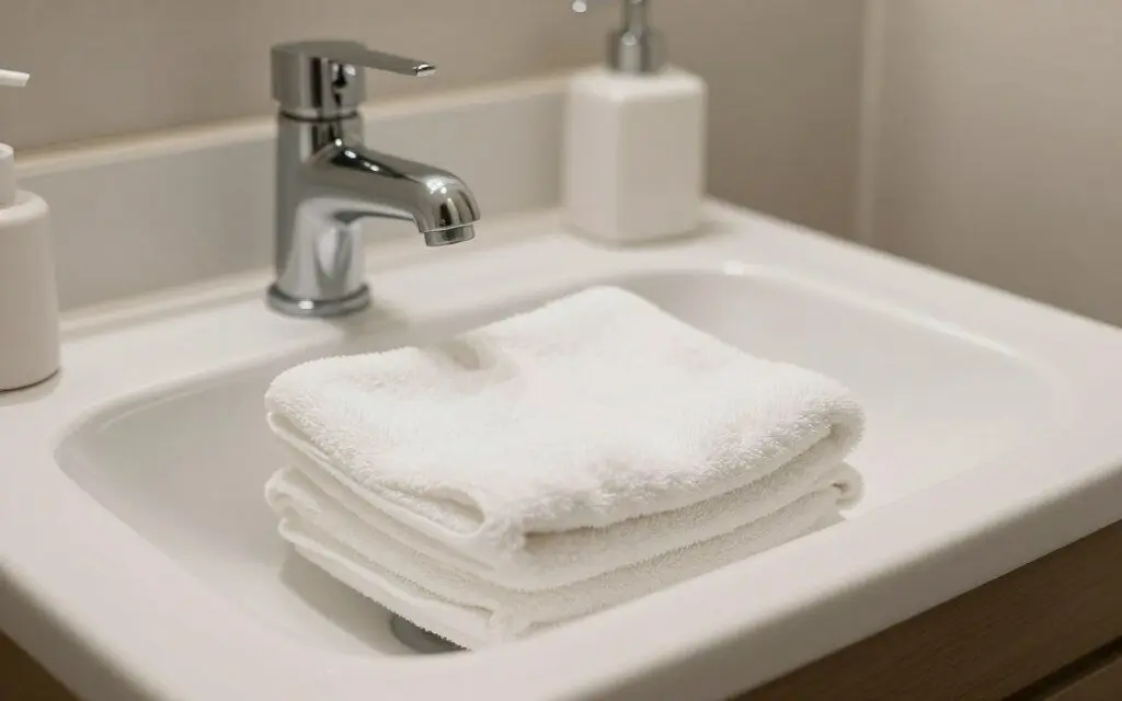 Clean bathroom sink with folded towels