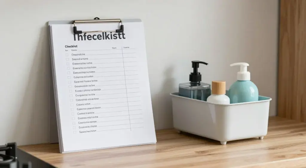 Cleaning checklist and supplies on a kitchen counter