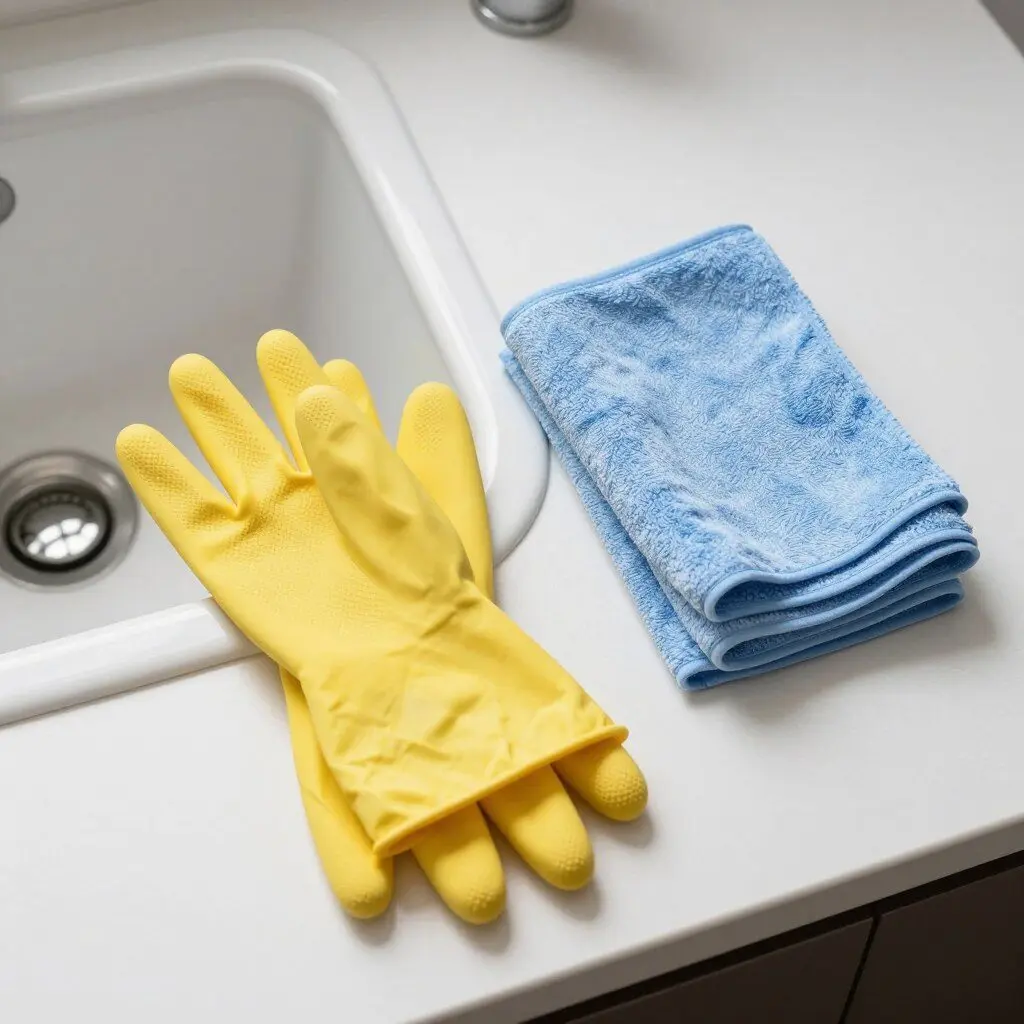 Cleaning gloves and microfiber cloth beside a sink