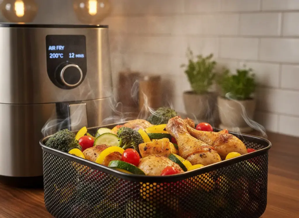 Close-up of circulating hot air moving around food in an air fryer basket
