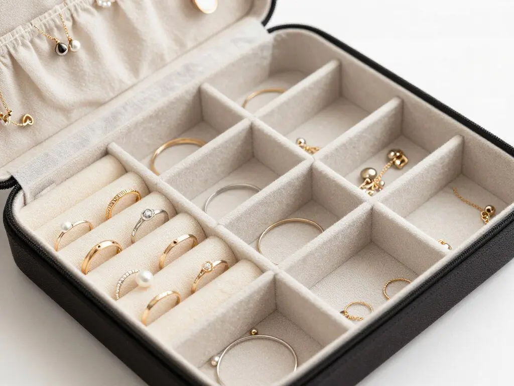 Compact travel jewelry case with compartments