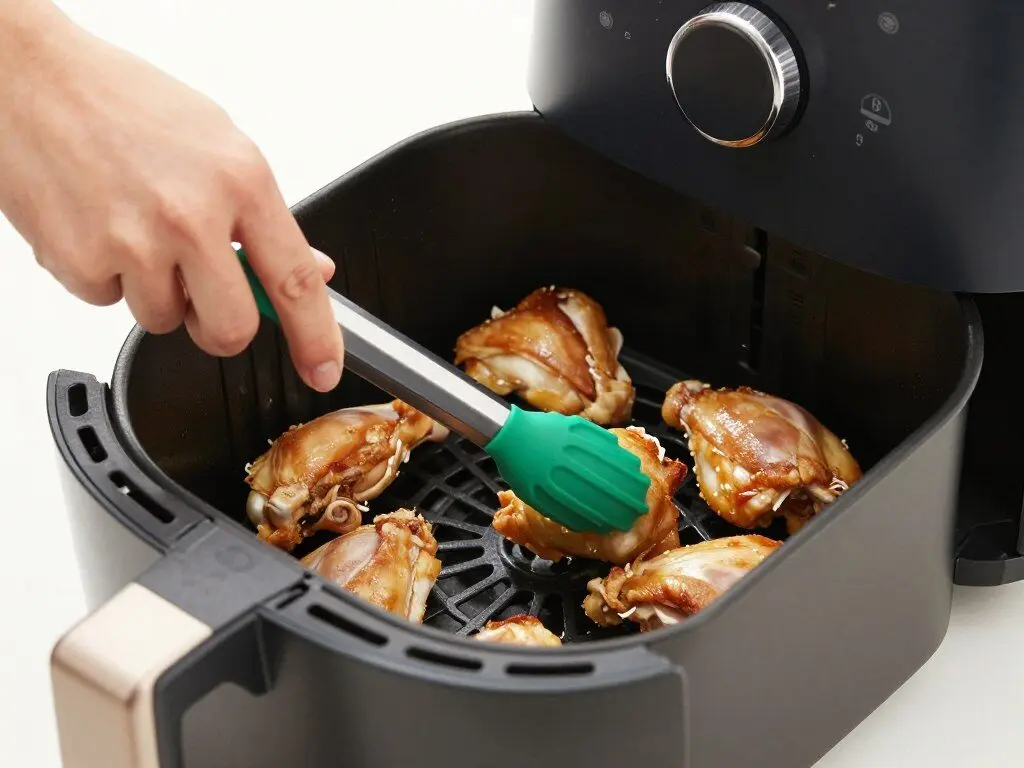 Cook using tongs to turn food in an air fryer basket