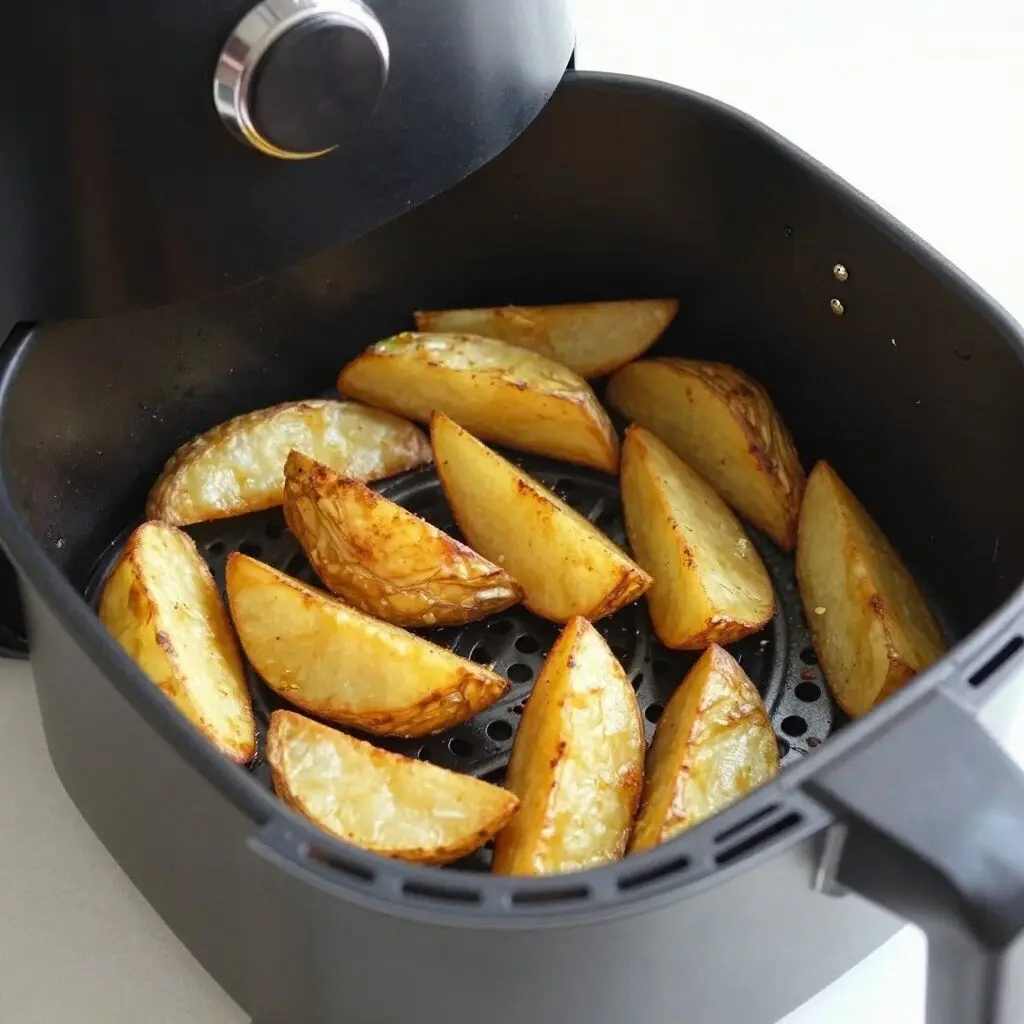 Crisp air fried potato wedges in an air fryer basket