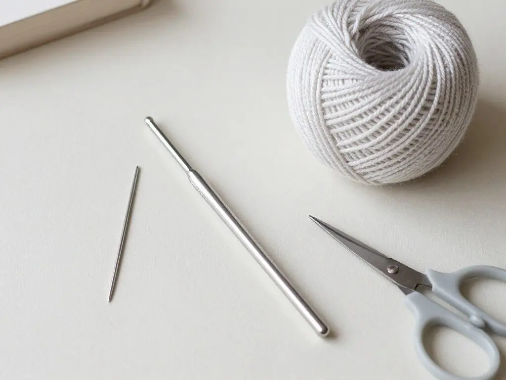 Crochet for absolute beginners tools including hook, yarn, scissors, and needle