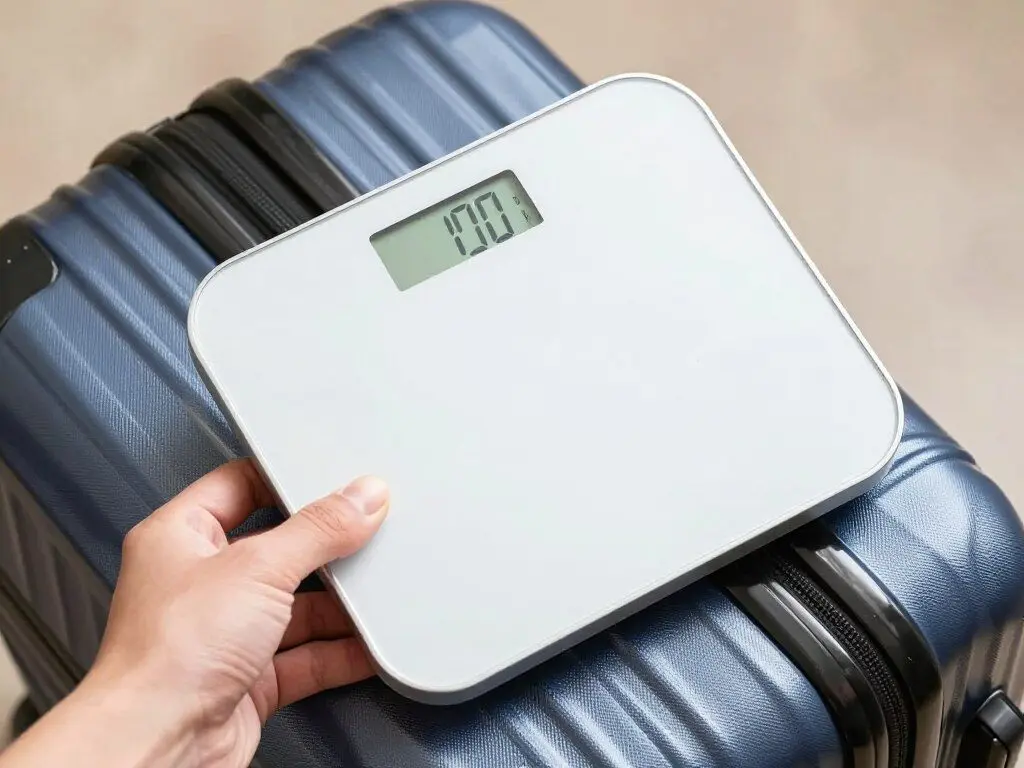 Digital luggage scale weighing a suitcase