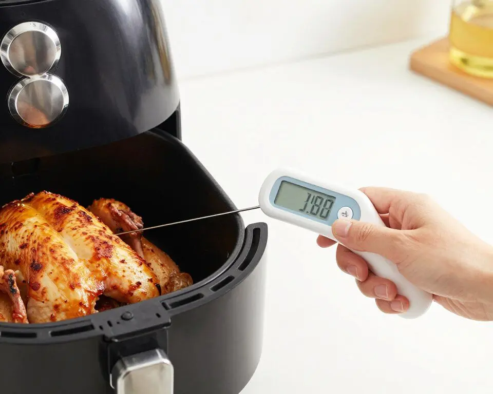 Digital meat thermometer checking the center of air fried chicken