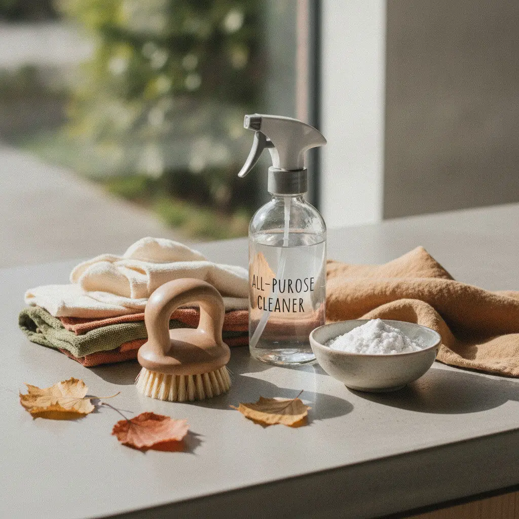 Eco-friendly fall cleaning tools on a bright countertop